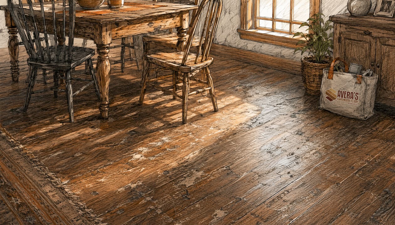 Close-up of worn scratched hardwood floor