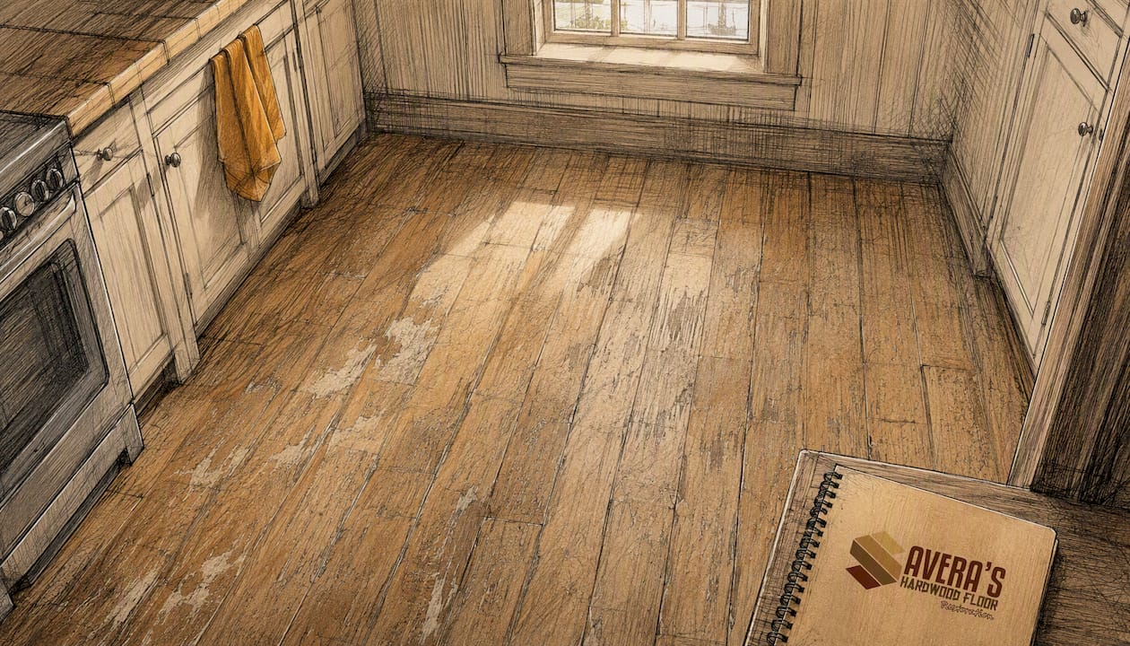 Close-up of scratched worn hardwood floor surface
