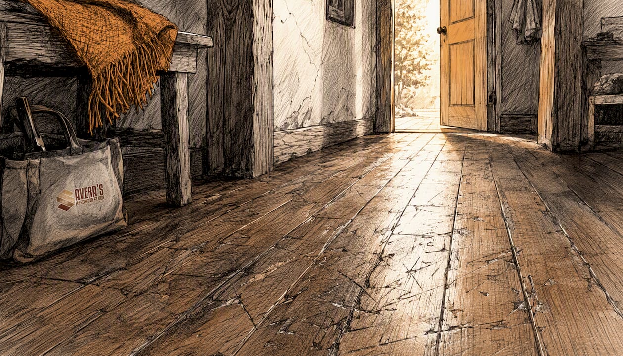 Close-up worn scratched hardwood floor