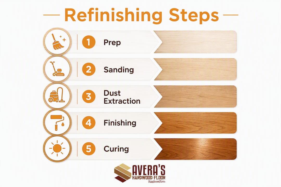 Infographic showing steps of wood floor refinishing