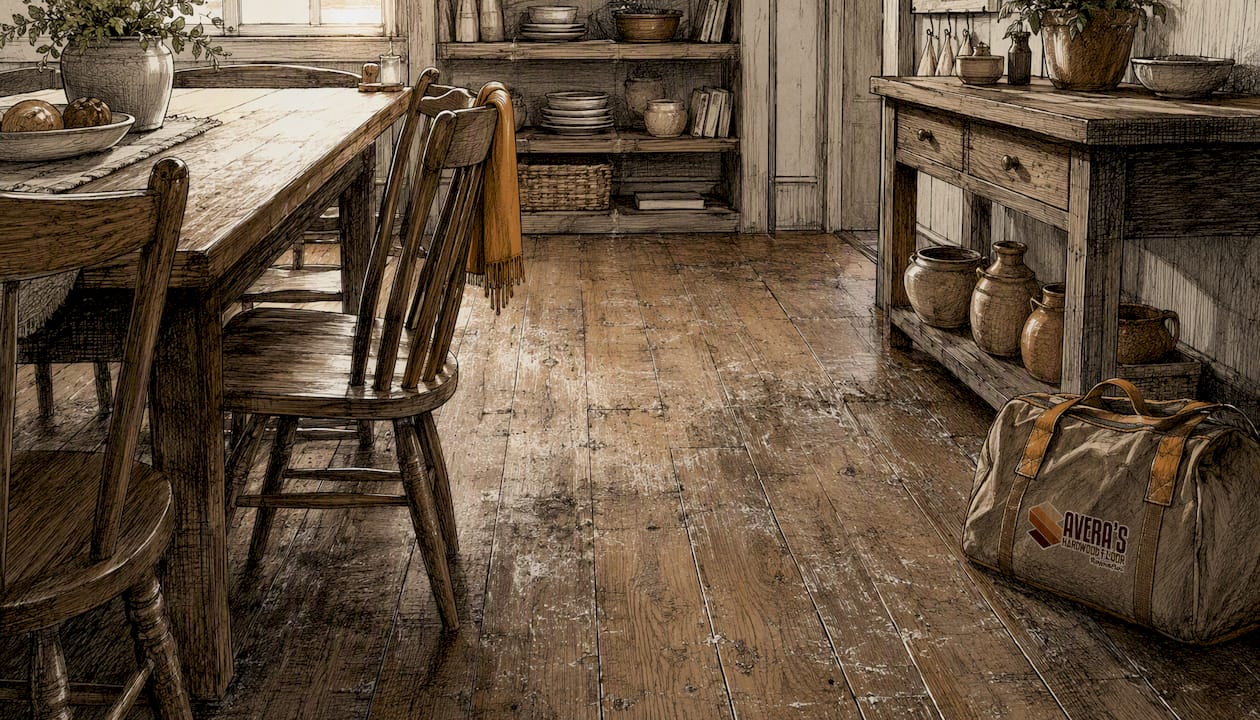 Close-up of worn scratched hardwood floor