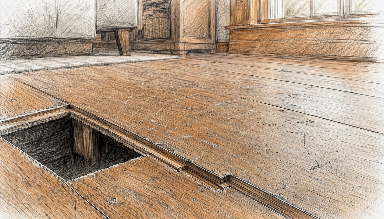 Close-up of worn, scratched hardwood floor surface