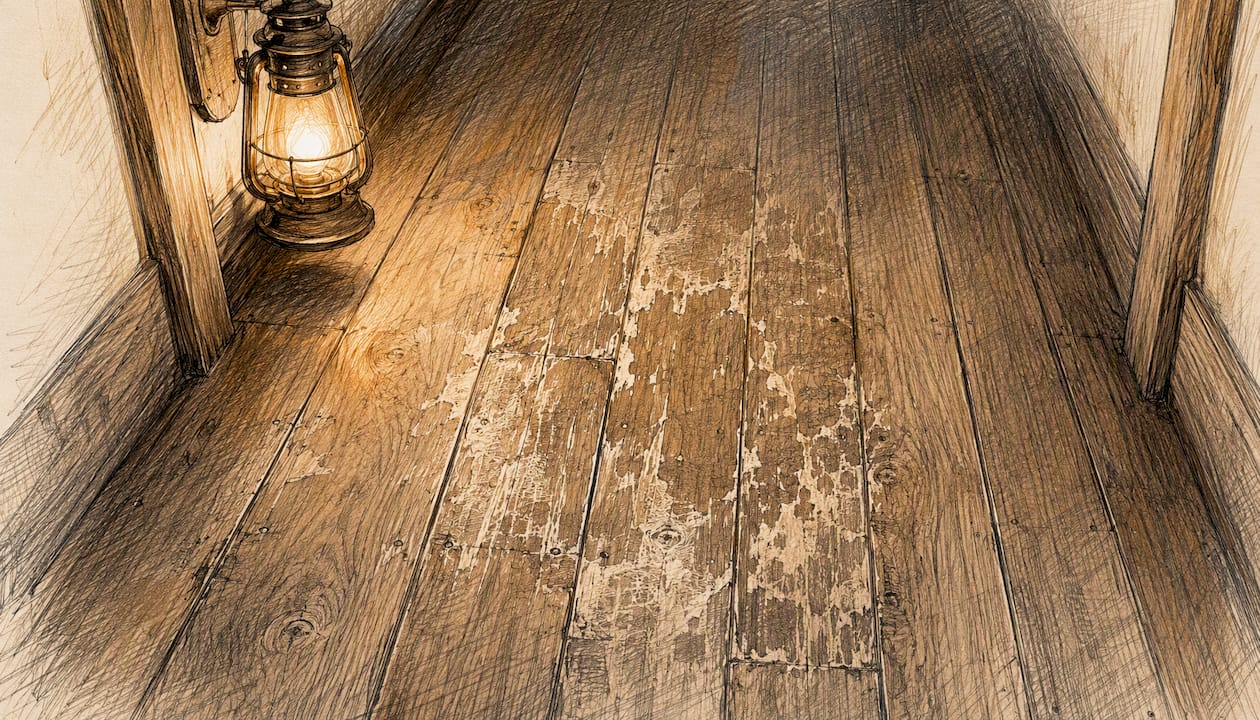 Close-up of worn scratched hardwood floor