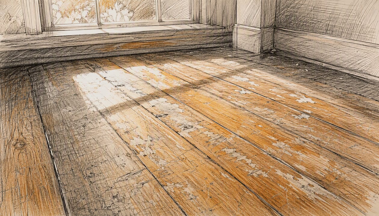 Close-up of worn scratched hardwood floor
