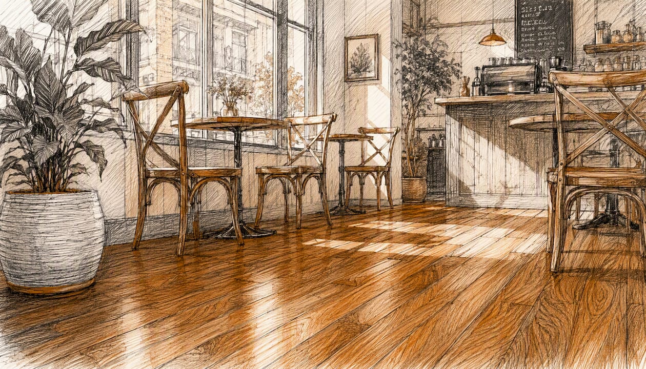 Refinished hardwood floor with UV-cure finish detail
