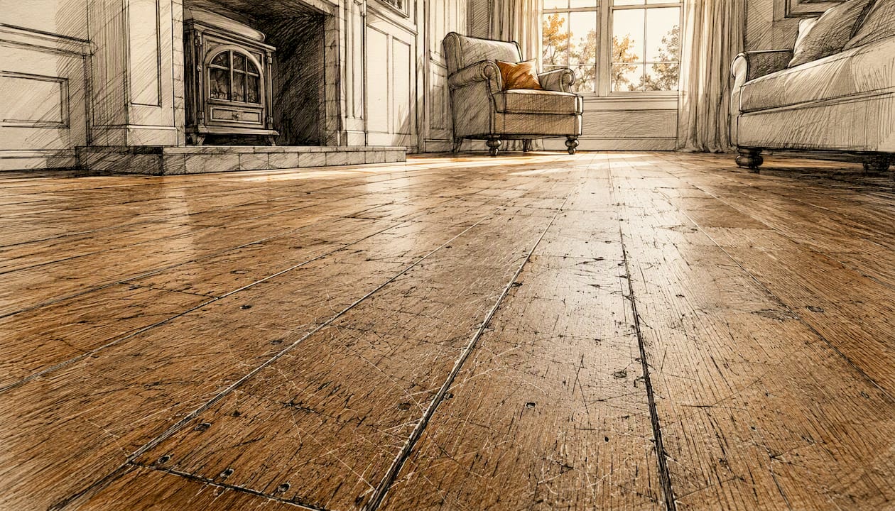 Close-up of scratched and dull hardwood floor
