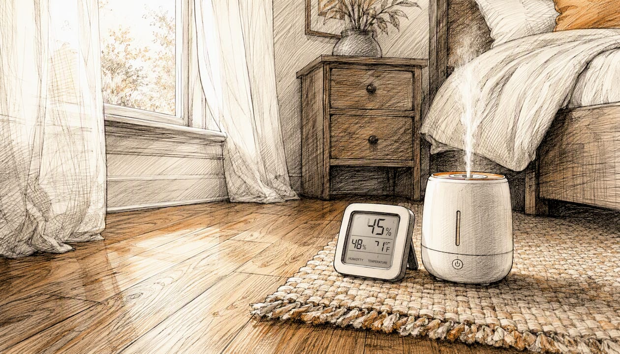 Humidifier and hygrometer near hardwood floor