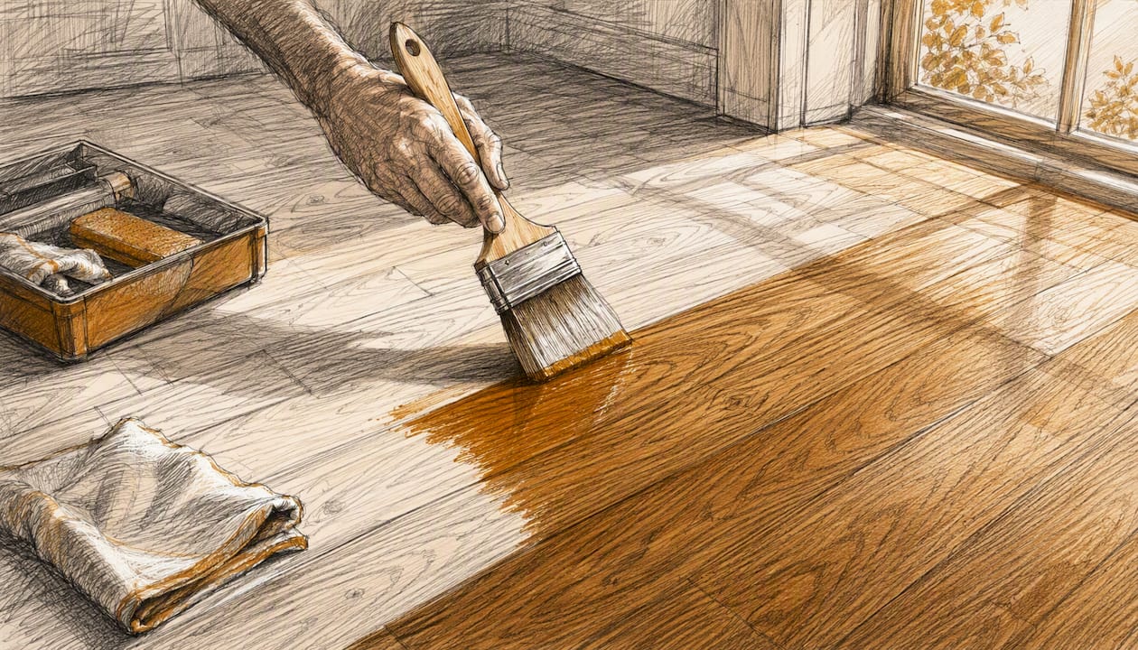 Mid-stage sanding and finishing on hardwood floor
