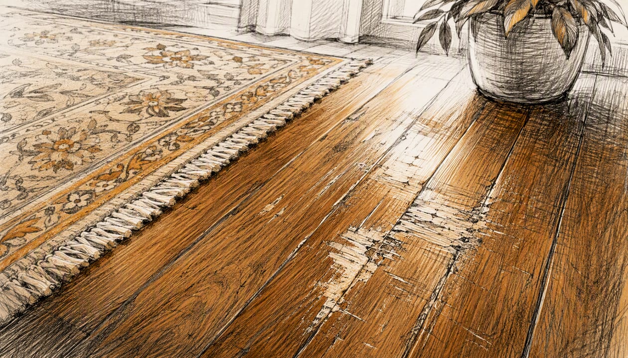 Worn hardwood floor finish near furniture