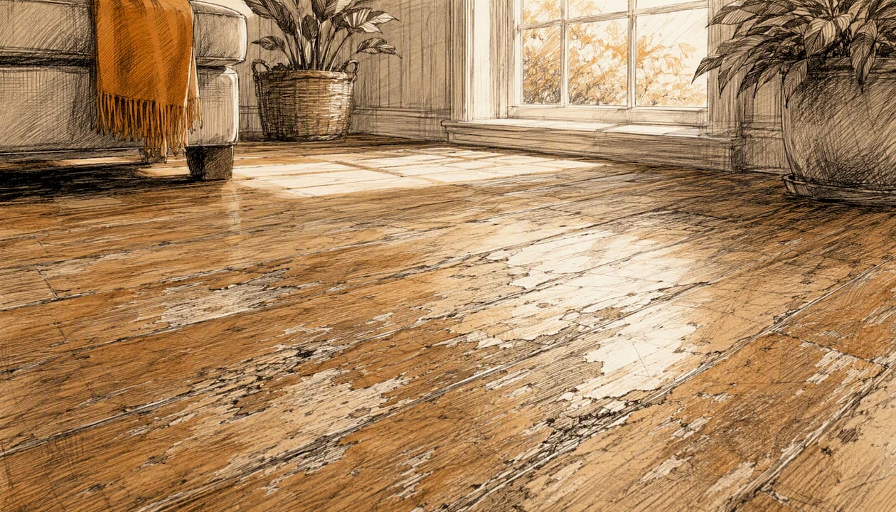 Close-up of dull, scratched hardwood floor before refinishing
