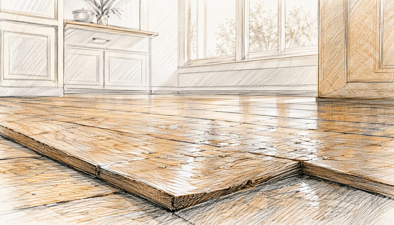 Hardwood floor with cupping edges visible