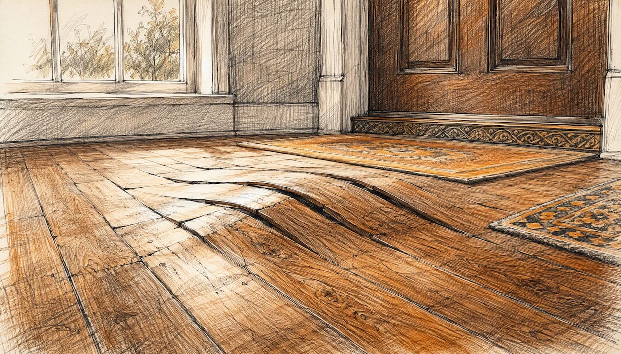 Buckled hardwood floor boards near door