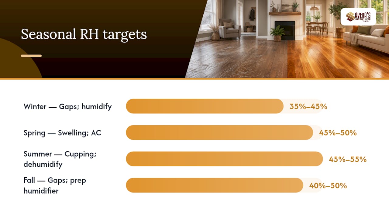 Seasonal humidity targets and hardwood floor risks diagram