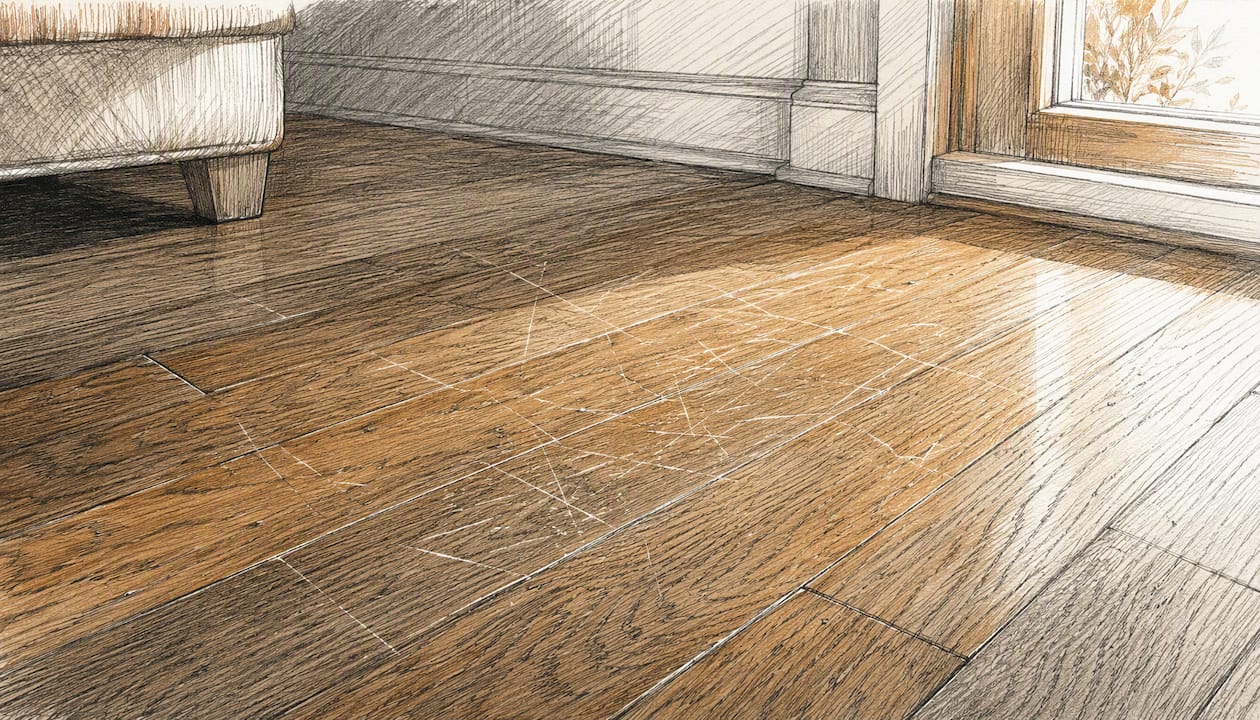 Close-up of finish-only scratches on hardwood floor