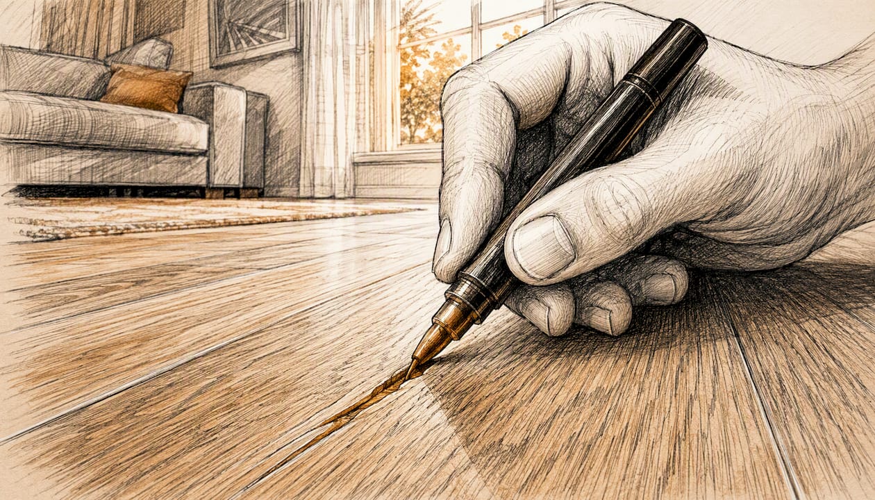 Hand applying stain marker to hardwood floor scratch