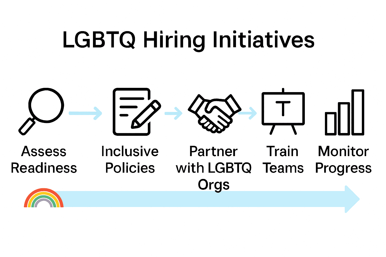 Infographic of five steps to LGBTQ-inclusive hiring for workplaces with icons.