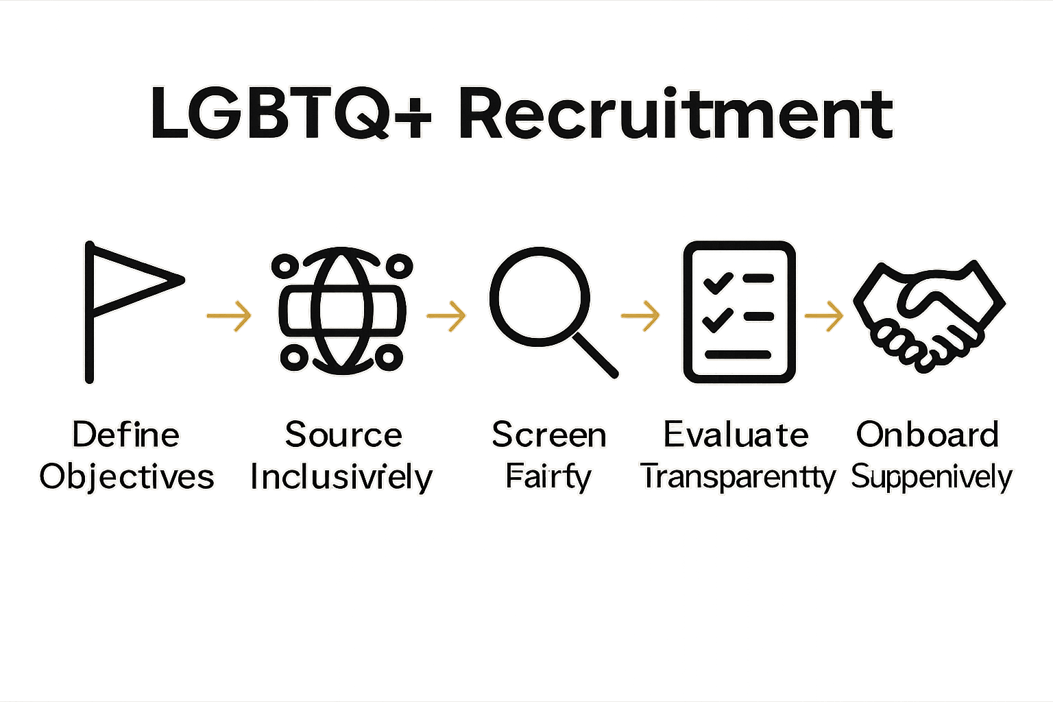 Infographic showing 5 steps of LGBTQ+ recruitment workflow with icons and arrows.