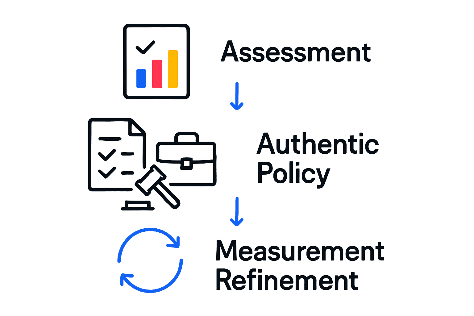 Infographic visualizing steps for LGBTQ+ inclusive workplace: assessment, policy, and measurement.