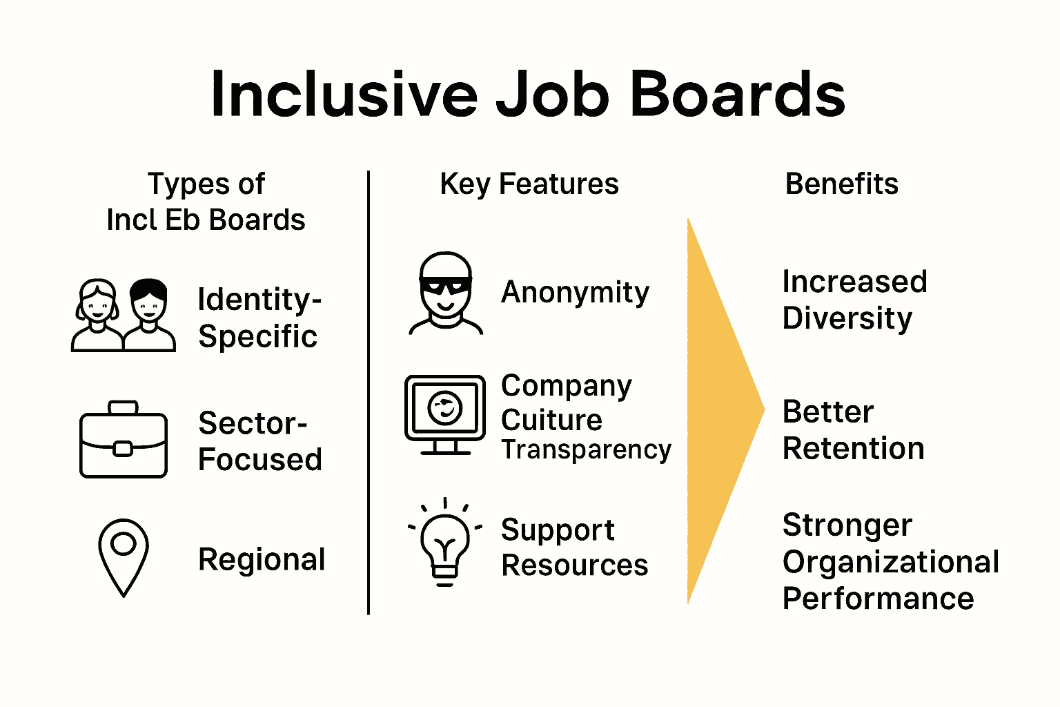 Infographic comparing types, features, and benefits of inclusive job boards.