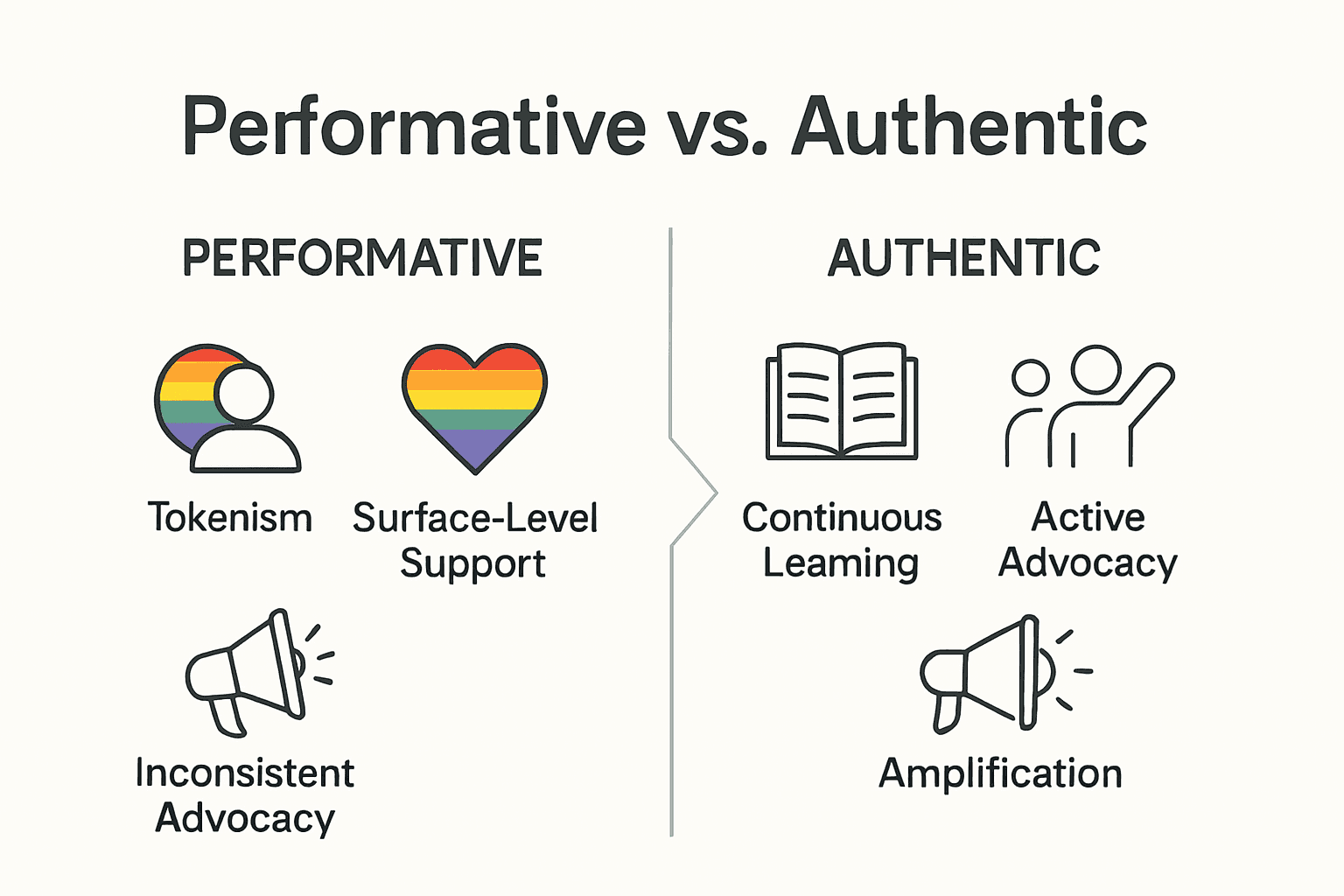 Infographic comparing performative and authentic workplace LGBTQ+ allyship