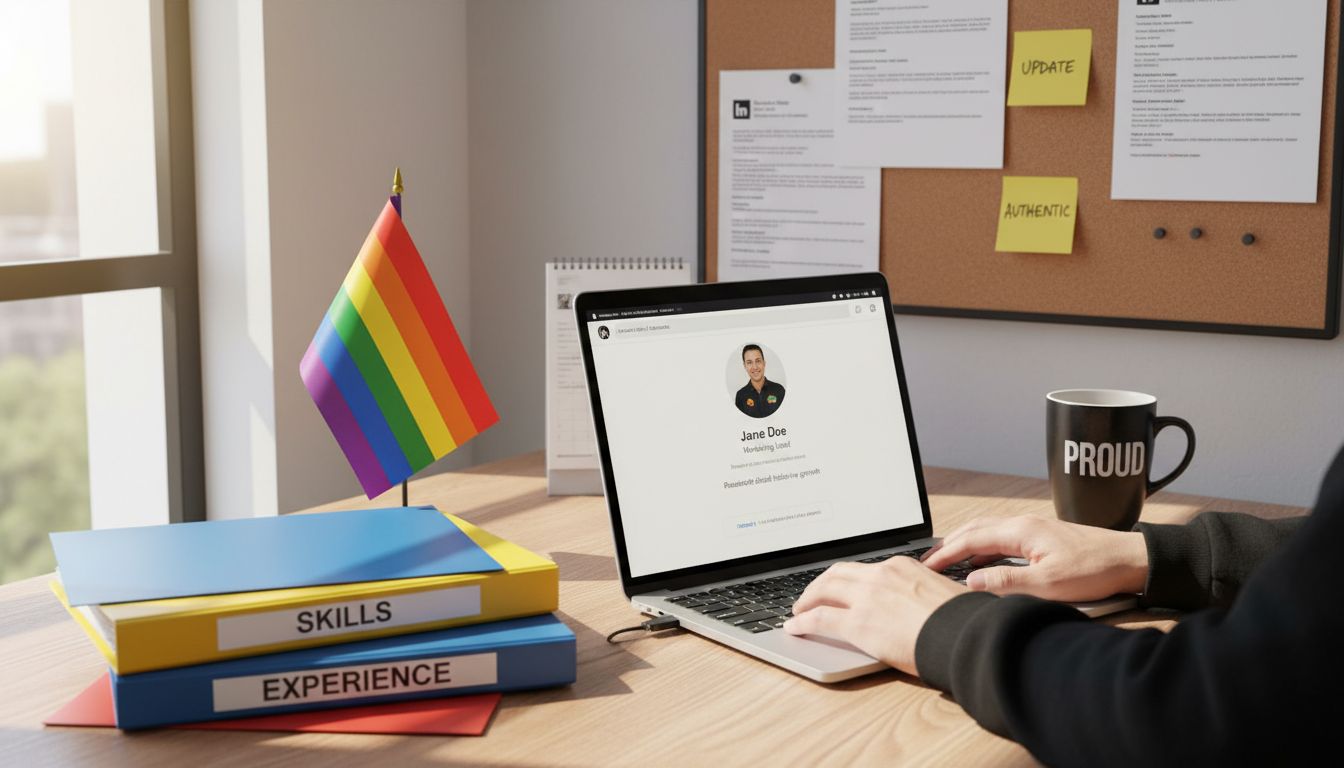 Professional desk with LGBTQ profile optimization elements