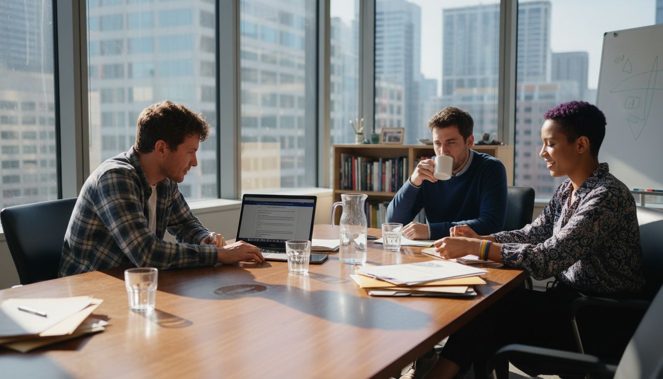 LGBTQ professionals meeting in glass office