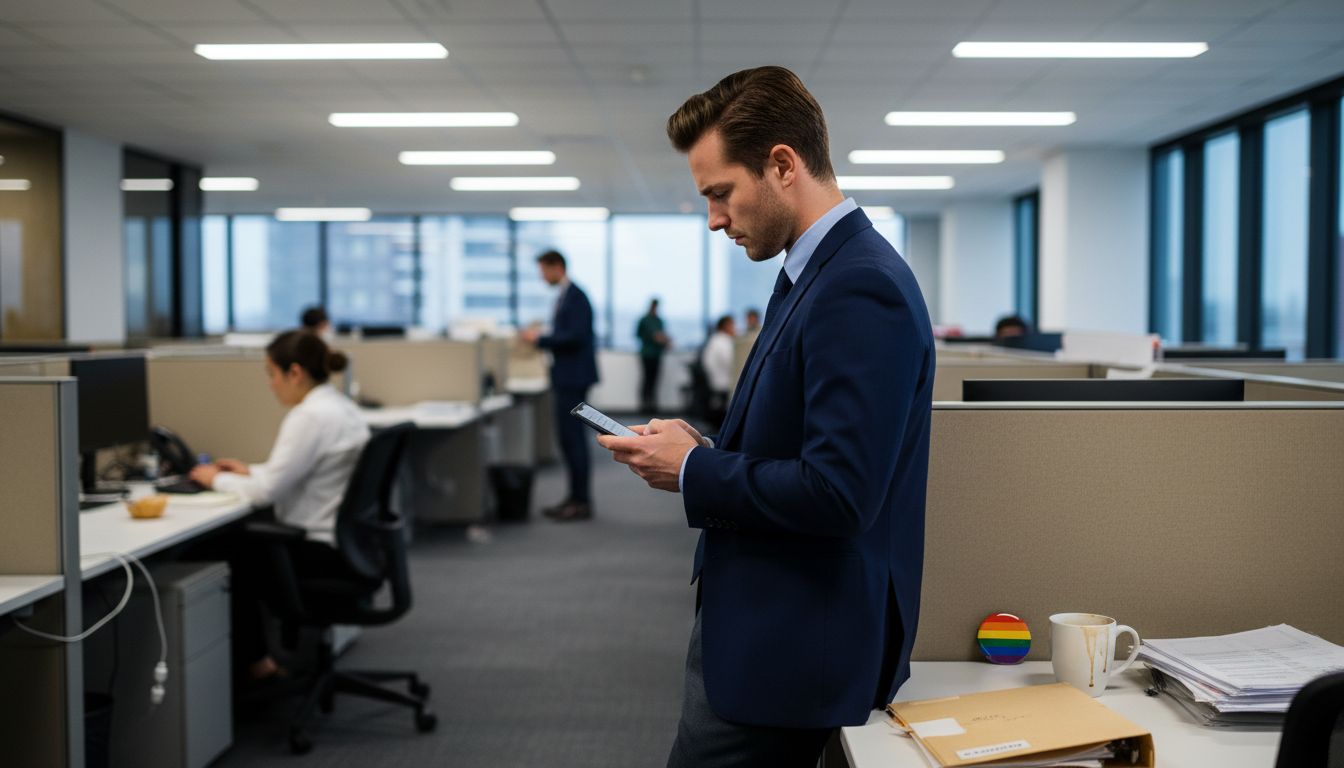 Stressed LGBTQ employee in open office