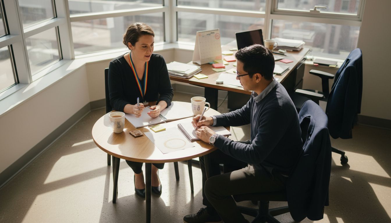 Two coworkers collaborate in LGBTQ-inclusive office