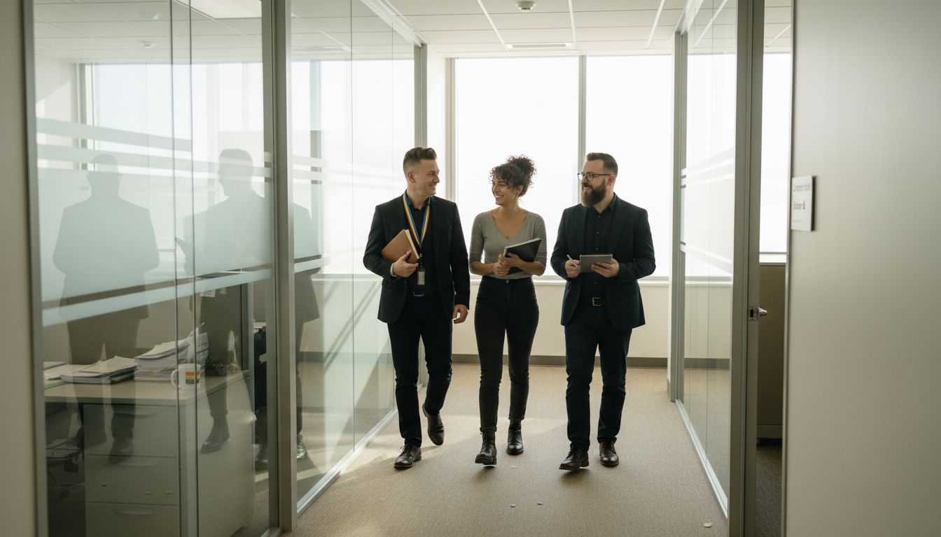 LGBTQ professionals collaborating in office hallway