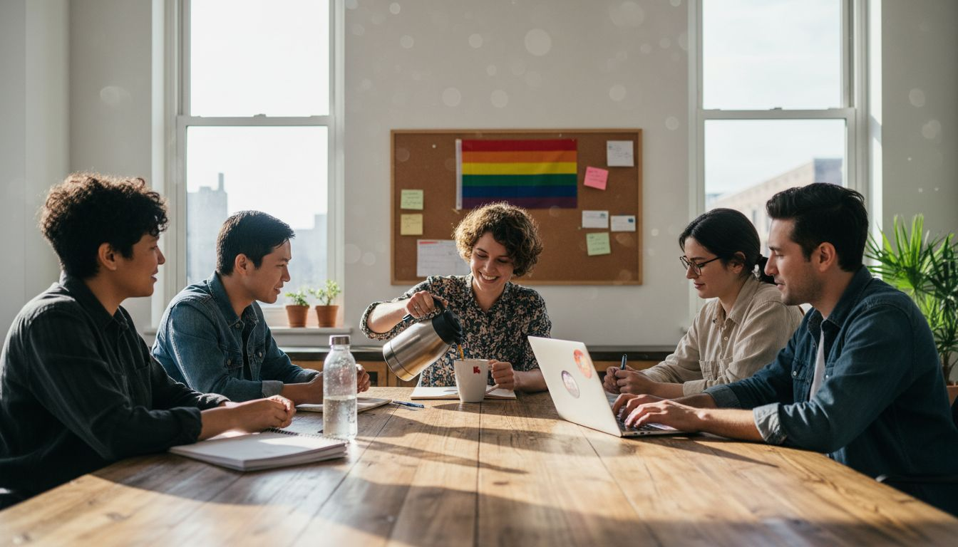 Diverse team meeting in office with pride flag