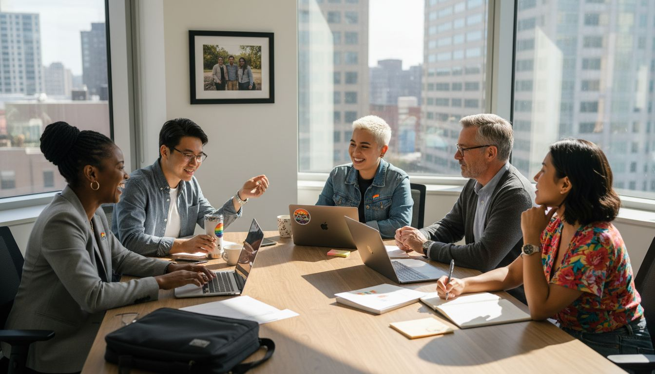 Diverse team meeting with LGBTQ pride details