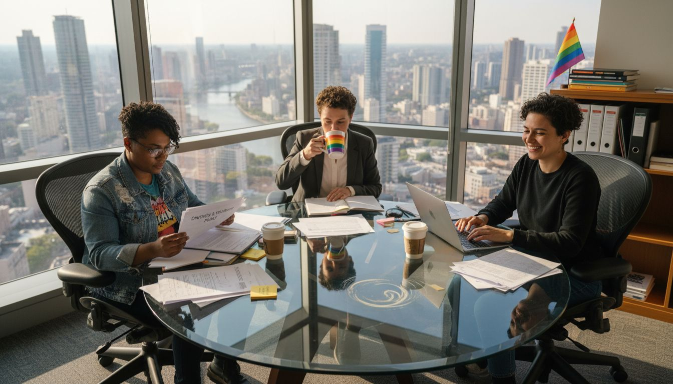 LGBTQ+ professionals review diversity statement in office