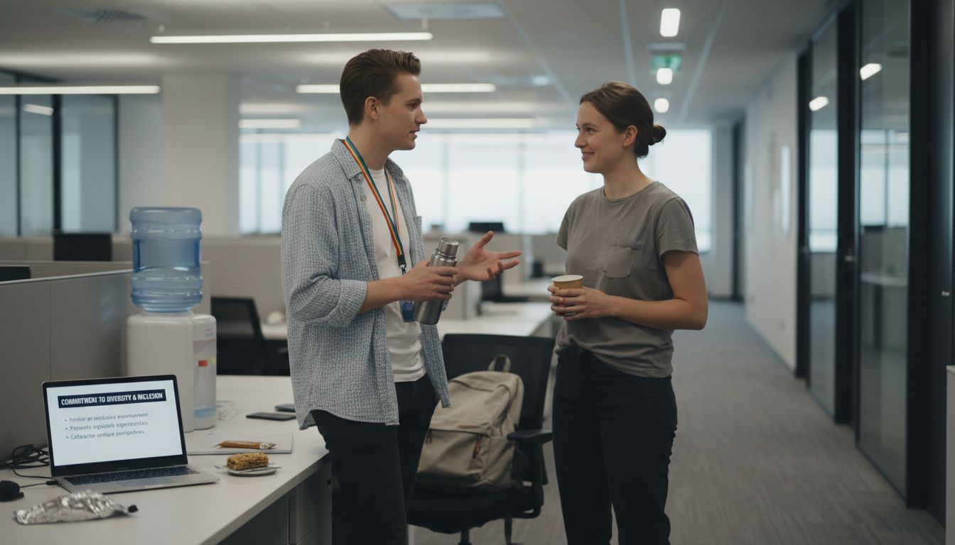 Coworkers discuss inclusion near water cooler