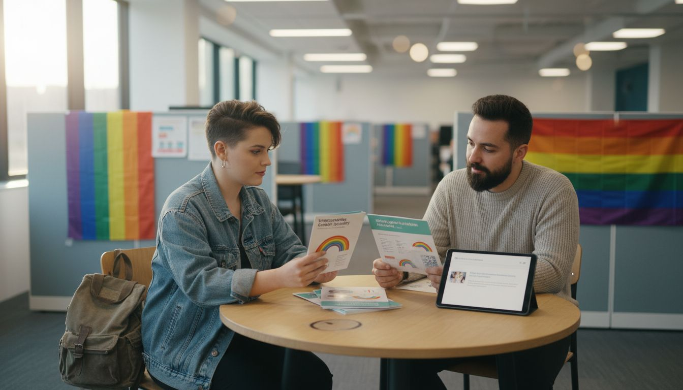 Colleagues reading diversity brochures together