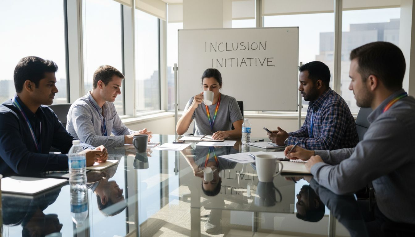 Diverse team collaborating in corner office