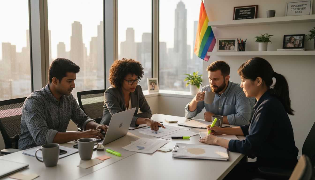 Coworkers collaborate at table with pride flag