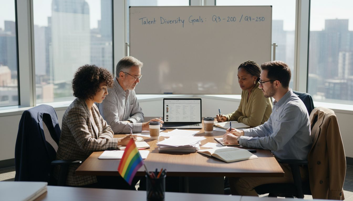Recruiters reviewing resumes in LGBTQ inclusive office