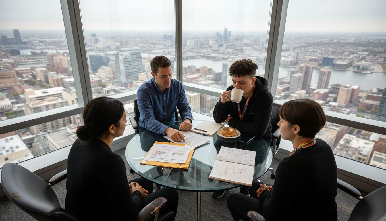 Diverse team meeting in bright corner office