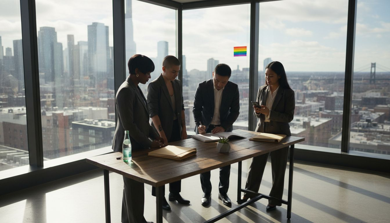 Diverse team signing partnership in city office