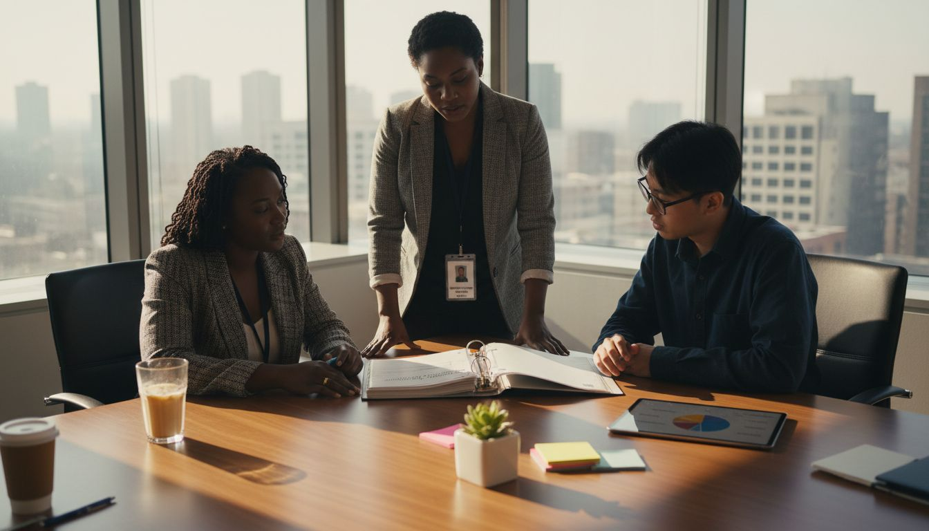 Diverse team reviewing employer policies in office