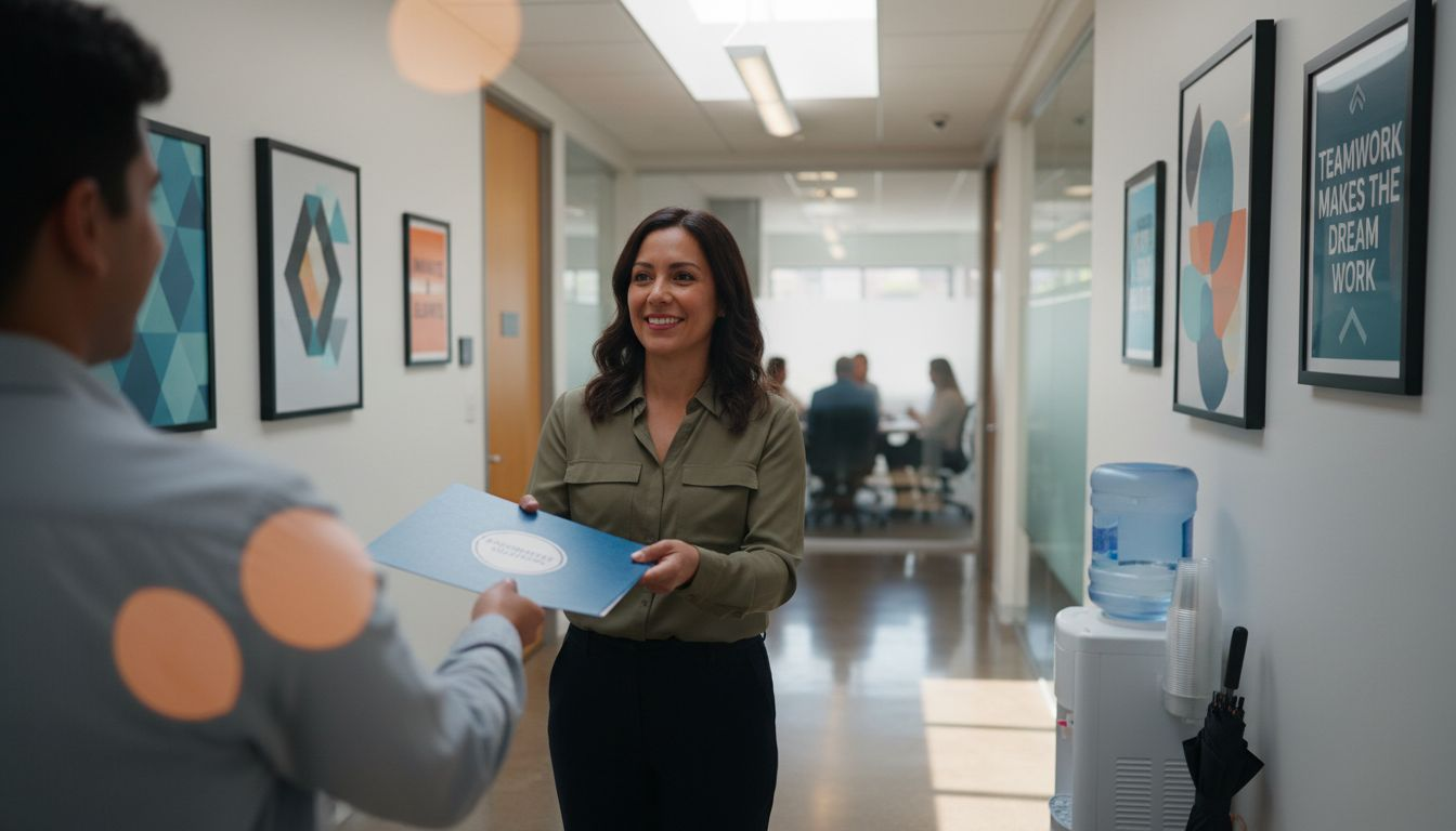 HR manager welcoming new employee with folder