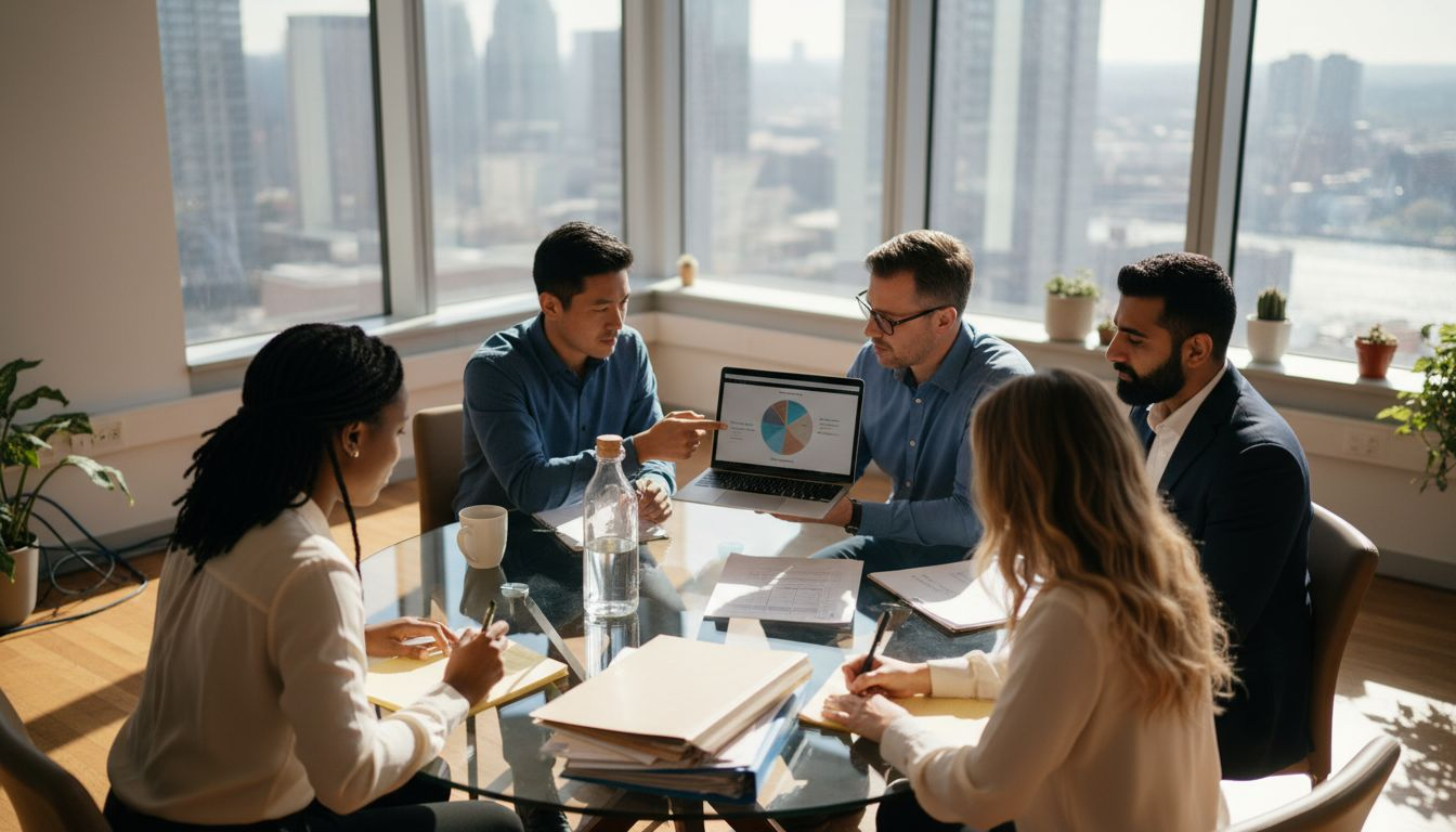 Diverse team with diversity report at workplace