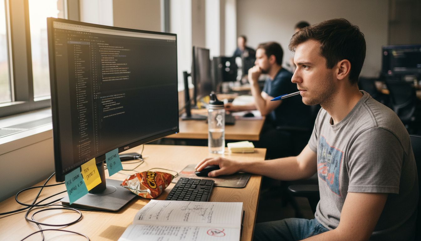 Tech worker with cluttered coding workspace