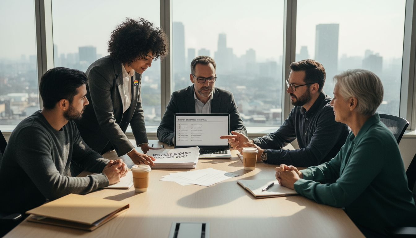Diverse team onboarding LGBTQ employee in office