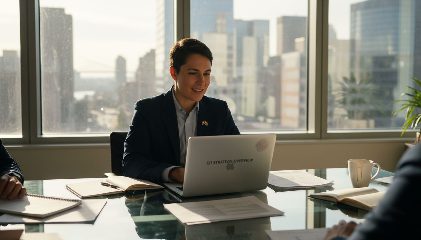 LGBTQ professional in boardroom with laptop