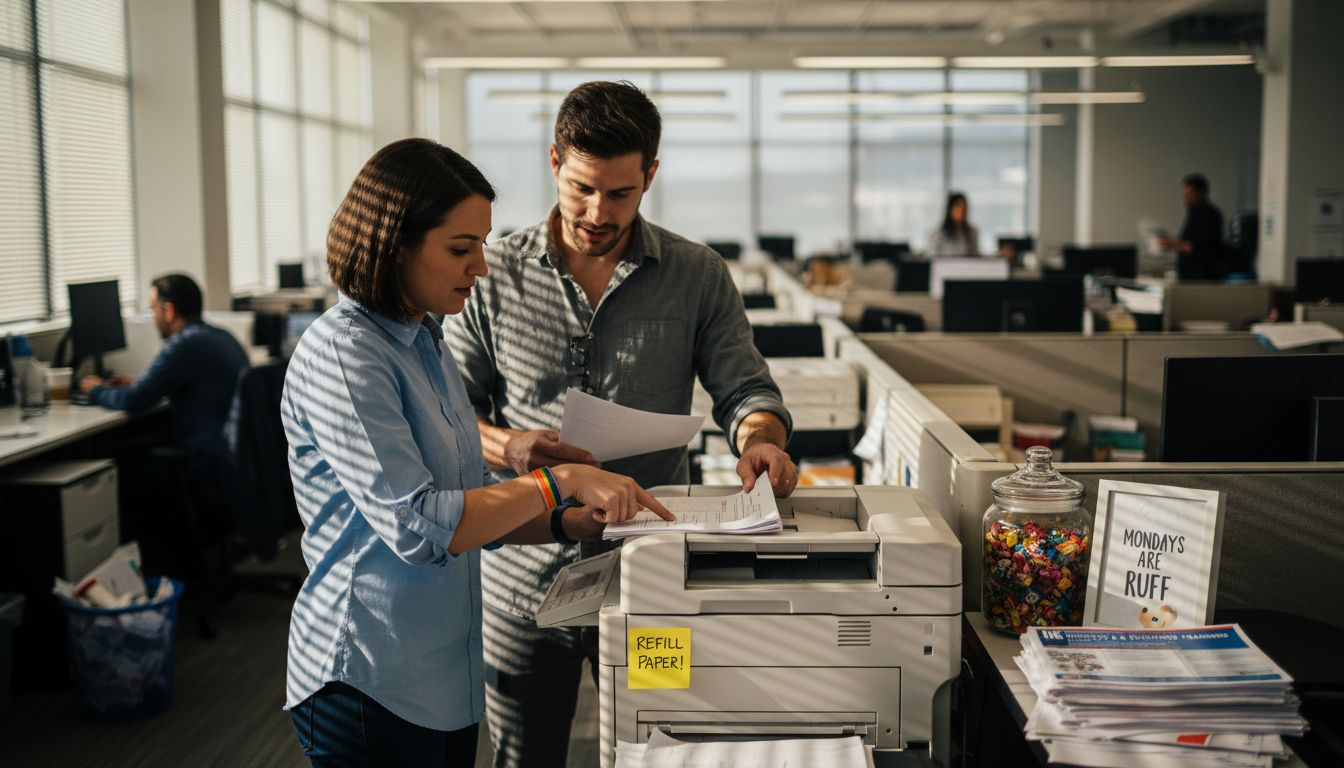 Coworkers with pride wristband at office copier