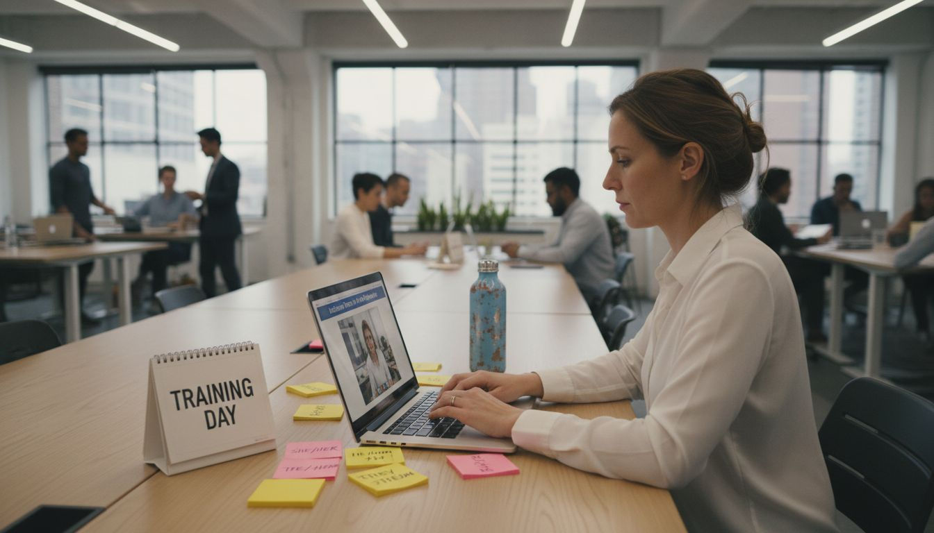HR manager typing gender-neutral terms workspace