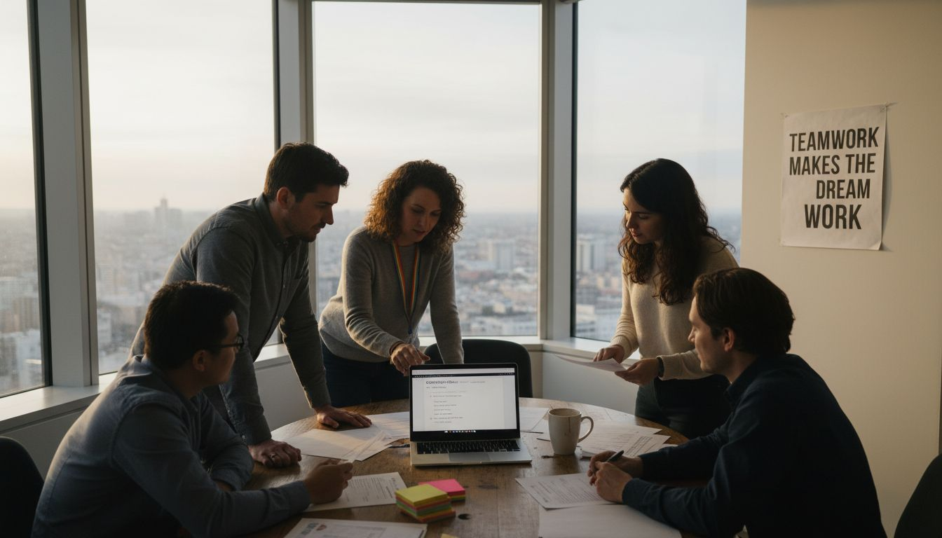 Diverse LGBTQ employees collaborating around office table