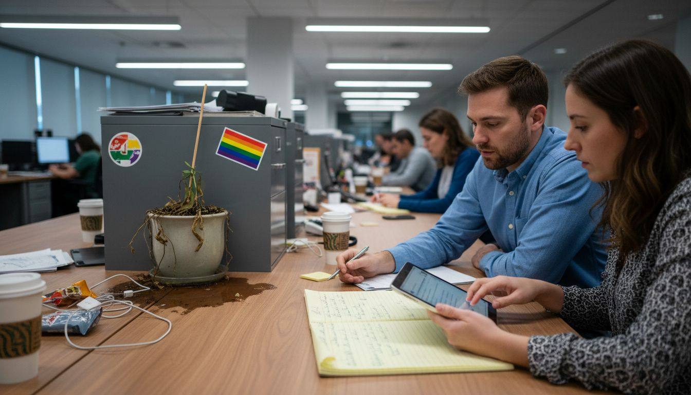 Co-workers debrief at desk after ERG meeting