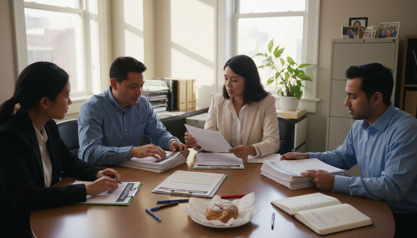 Diverse HR team discussing hiring checklist at table